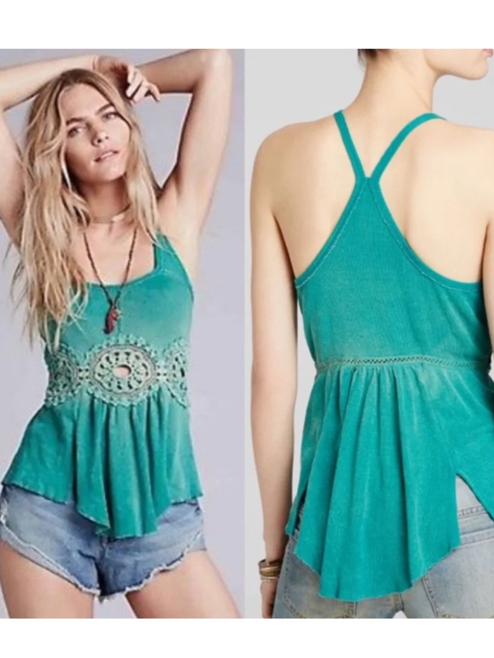 Free People Teal Crochet-Detail Racerback Tank Top